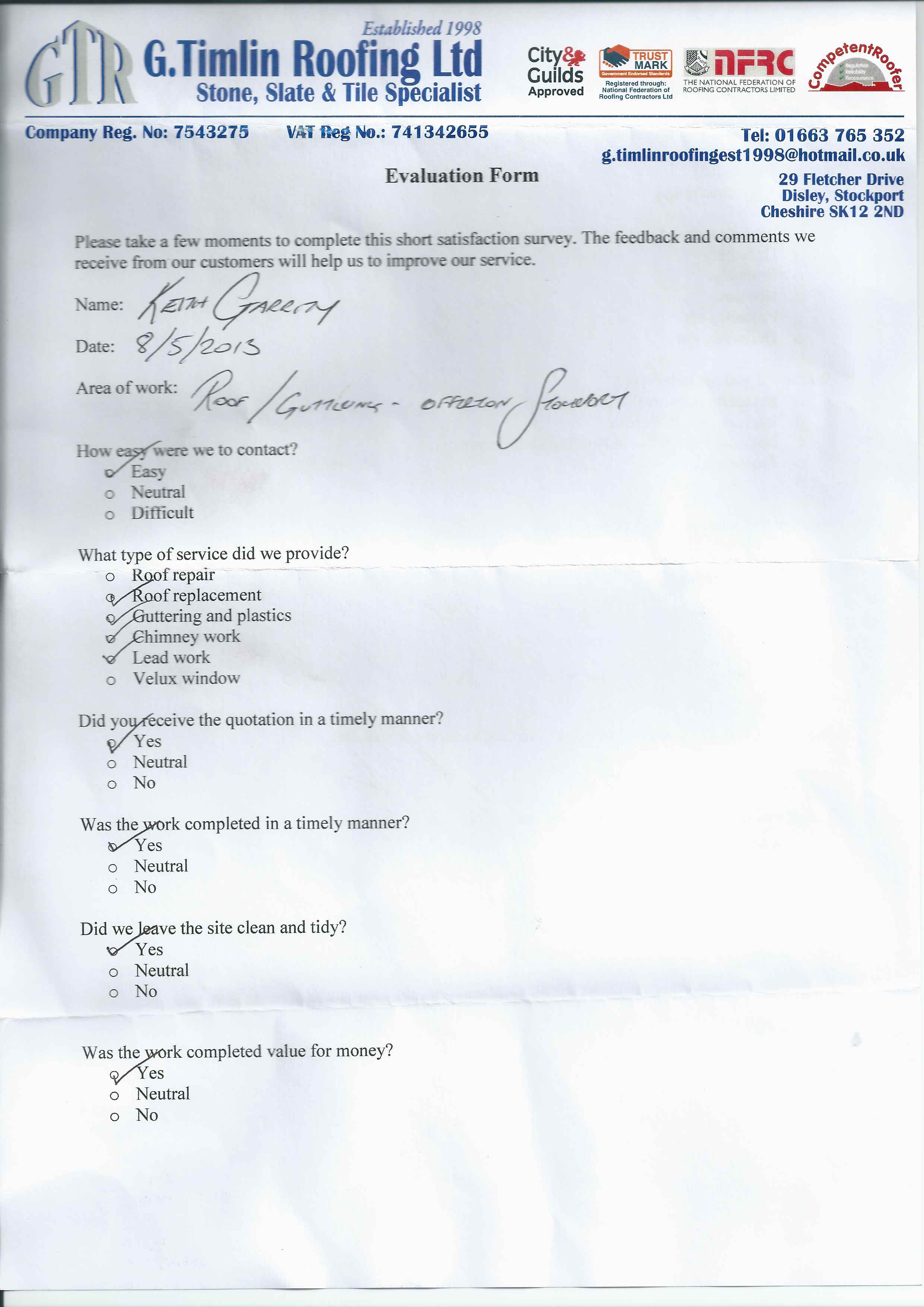 testimonial, Re-Roofing, Lead Work, Chimney Stacks, Plastics, Repairs and Maintenance, Stockport, Cheshire, High Peak, G Timlin Roofing